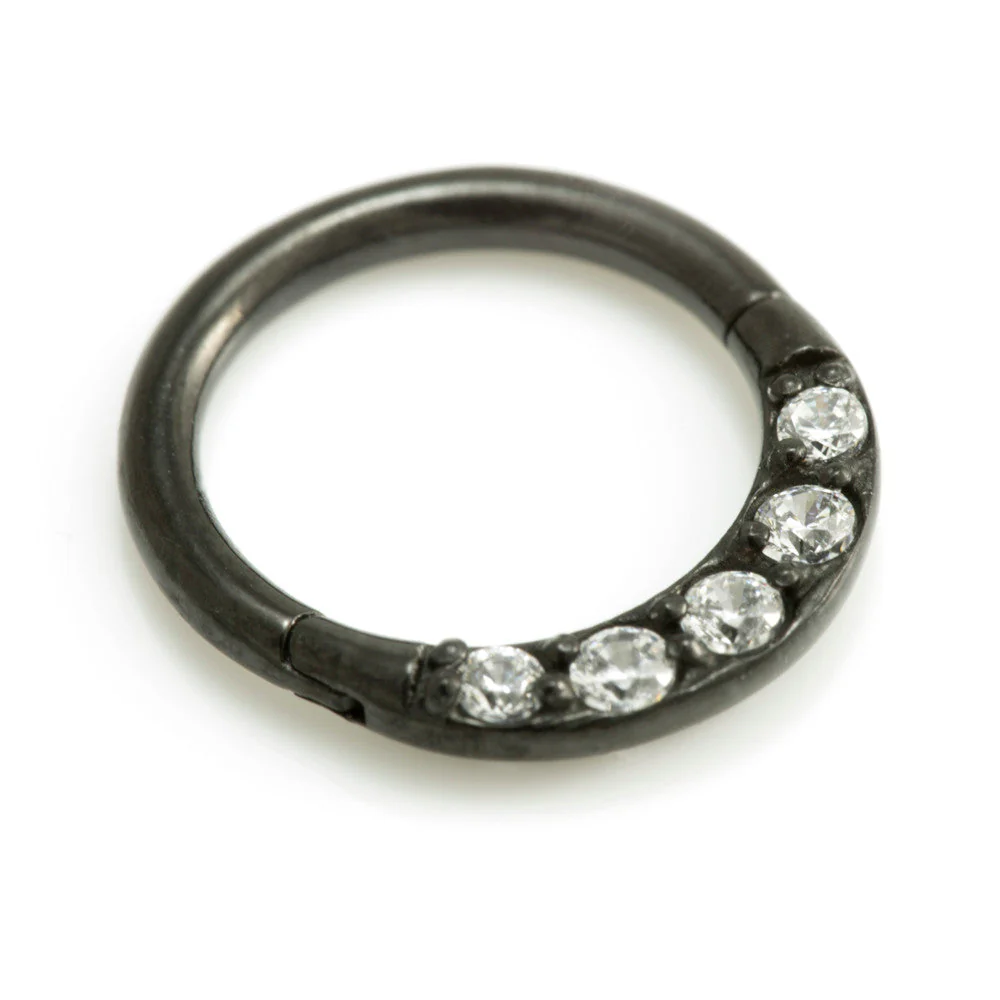 Black Steel Pave Gems Front Facing Hinged Ring