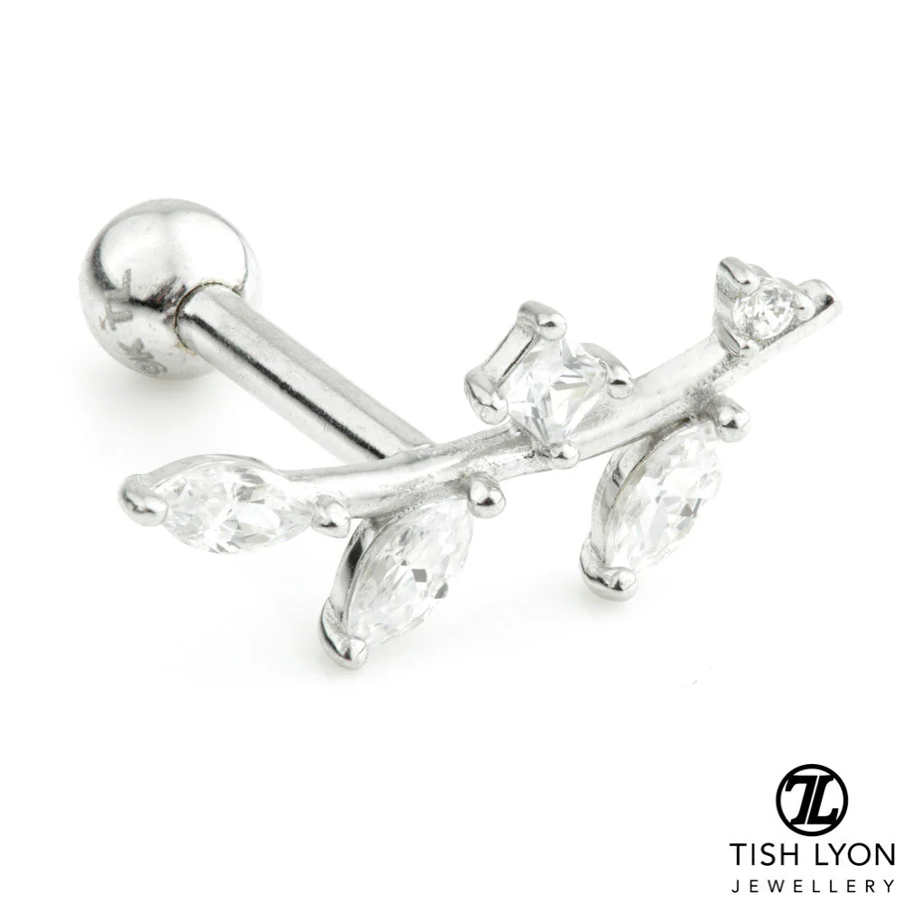Gem Leaf 14 Carat Solid Gold Barbell Earring - Image 2