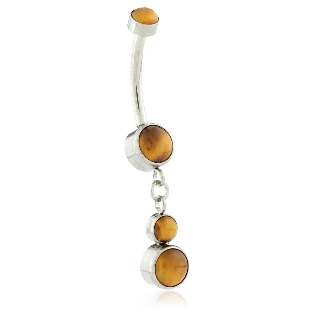 Internal Ti Double Disk Navel With Tiger Eye Hanging Stones