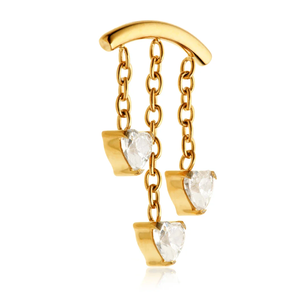 Gold PVD Ti Threadless Triple Hanging Gem Heart Attachment