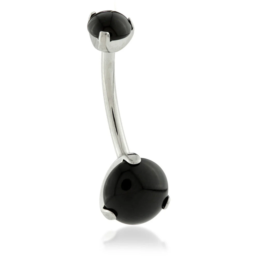 Ti External Prong Navel Bar with Double Black Agate Stone